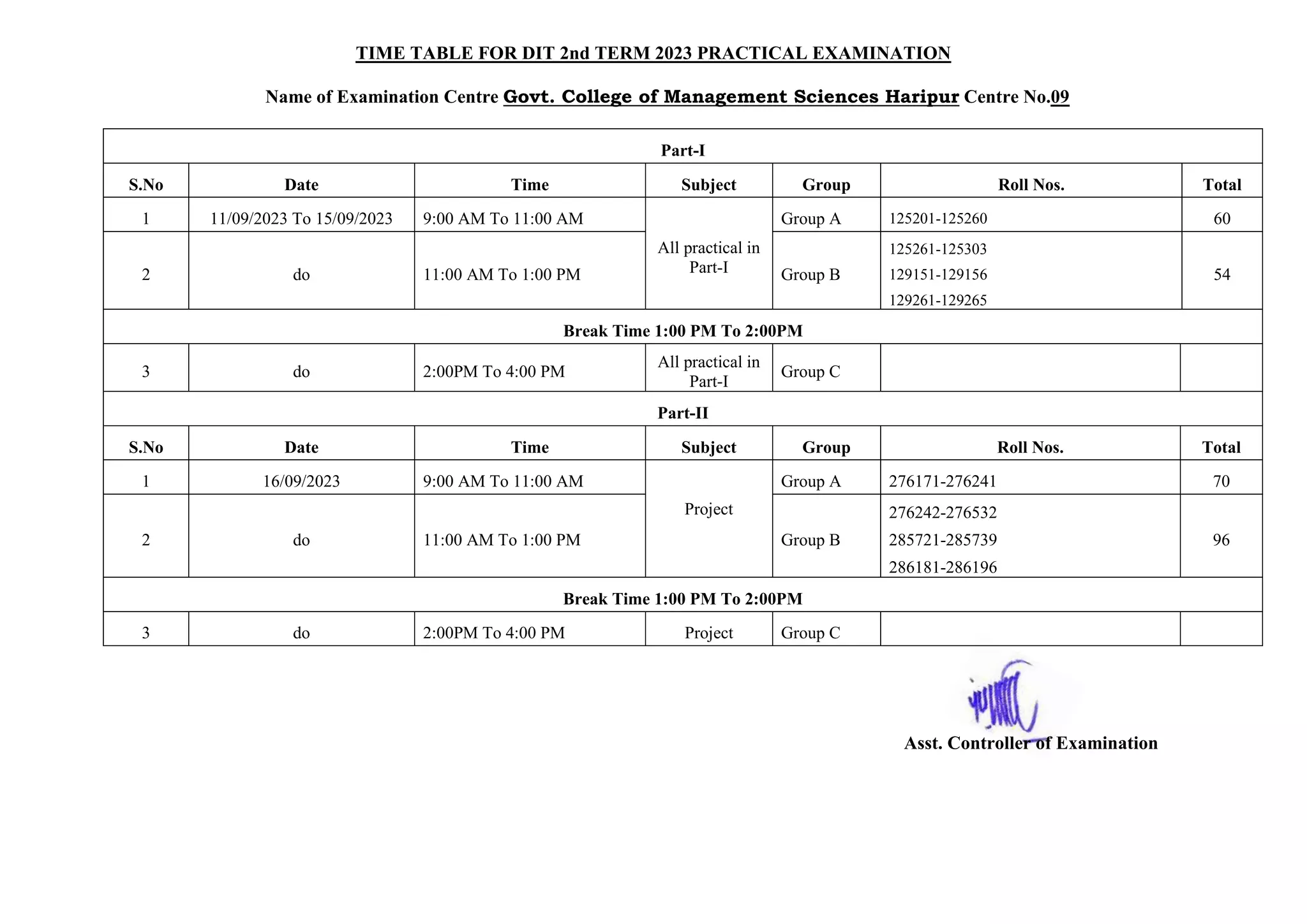 TIME TABLE FOR DIT 2nd TERM 2023 PRACTICAL EXAMINATION
Name of Examination Centre Govt. College of Management Sciences Haripur Centre No.09
Part-I
S.No Date Time Subject Group Roll Nos. Total
1 11/09/2023 To 15/09/2023 9:00 AM To 11:00 AM
All practical in
Part-I
Group A 125201-125260 60
2 do 11:00 AM To 1:00 PM Group B
125261-125303
129151-129156
129261-129265
54
Break Time 1:00 PM To 2:00PM
3 do 2:00PM To 4:00 PM
All practical in
Part-I
Group C
Part-II
S.No Date Time Subject Group Roll Nos. Total
1 16/09/2023 9:00 AM To 11:00 AM
Project
Group A 276171-276241 70
2 do 11:00 AM To 1:00 PM Group B
276242-276532
285721-285739
286181-286196
96
Break Time 1:00 PM To 2:00PM
3 do 2:00PM To 4:00 PM Project Group C
Asst. Controller of Examination
 