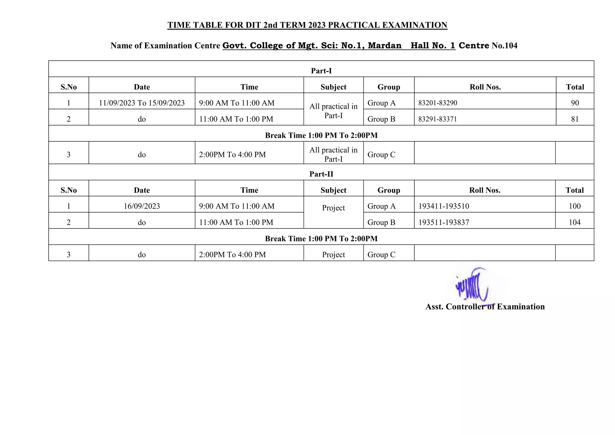 TIME TABLE FOR DIT 2nd TERM 2023 PRACTICAL EXAMINATION
Name of Examination Centre Govt. College of Mgt. Sci: No.1, Mardan Hall No. 1 Centre No.104
Part-I
S.No Date Time Subject Group Roll Nos. Total
1 11/09/2023 To 15/09/2023 9:00 AM To 11:00 AM All practical in
Part-I
Group A 83201-83290 90
2 do 11:00 AM To 1:00 PM Group B 83291-83371 81
Break Time 1:00 PM To 2:00PM
3 do 2:00PM To 4:00 PM
All practical in
Part-I
Group C
Part-II
S.No Date Time Subject Group Roll Nos. Total
1 16/09/2023 9:00 AM To 11:00 AM Project Group A 193411-193510 100
2 do 11:00 AM To 1:00 PM Group B 193511-193837 104
Break Time 1:00 PM To 2:00PM
3 do 2:00PM To 4:00 PM Project Group C
Asst. Controller of Examination
 