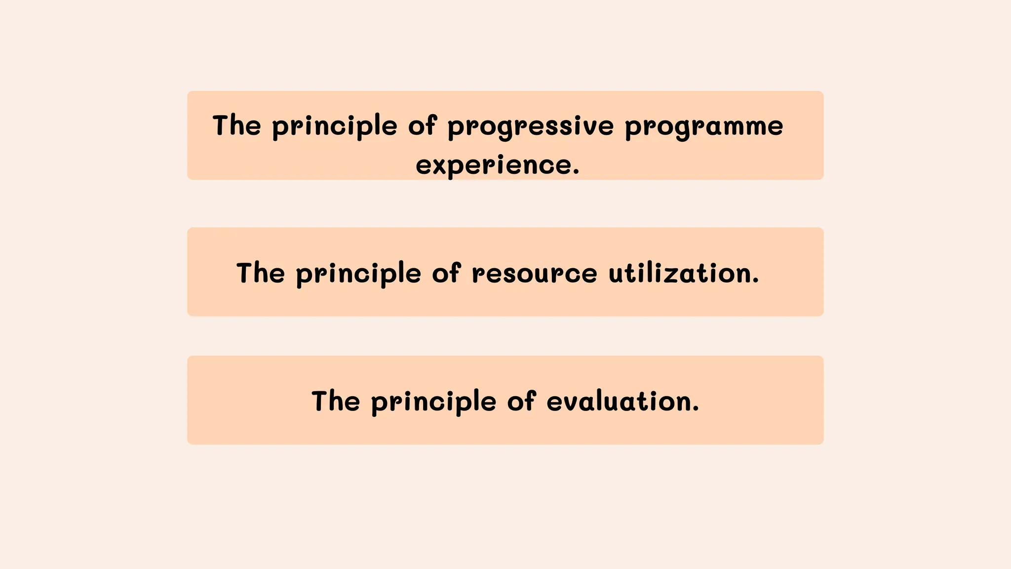 The principle of resource utilization.
The principle of evaluation.
The principle of progressive programme
experience.
 