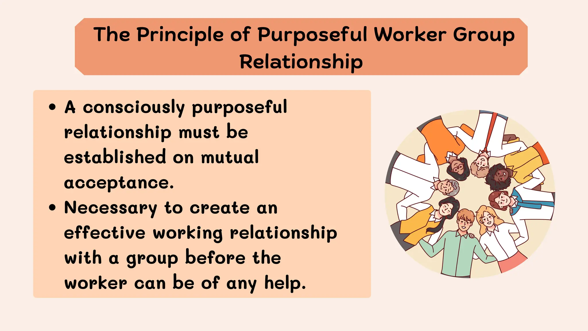 The Principle of Purposeful Worker Group
Relationship
A consciously purposeful
relationship must be
established on mutual
acceptance.
Necessary to create an
effective working relationship
with a group before the
worker can be of any help.
 
