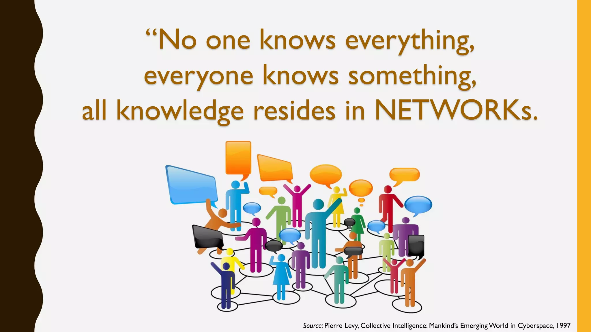“No one knows everything,
everyone knows something,
all knowledge resides in NETWORKs.
Source: Pierre Levy, Collective Intelligence: Mankind’s Emerging World in Cyberspace, 1997
 