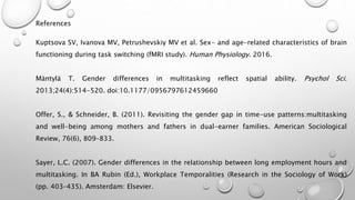 References
Kuptsova SV, Ivanova MV, Petrushevskiy MV et al. Sex- and age-related characteristics of brain
functioning during task switching (fMRI study). Human Physiology. 2016.
Mäntylä T. Gender differences in multitasking reflect spatial ability. Psychol Sci.
2013;24(4):514-520. doi:10.1177/0956797612459660
Offer, S., & Schneider, B. (2011). Revisiting the gender gap in time-use patterns:multitasking
and well-being among mothers and fathers in dual-earner families. American Sociological
Review, 76(6), 809–833.
Sayer, L.C. (2007). Gender differences in the relationship between long employment hours and
multitasking. In BA Rubin (Ed.), Workplace Temporalities (Research in the Sociology of Work)
(pp. 403–435). Amsterdam: Elsevier.
 