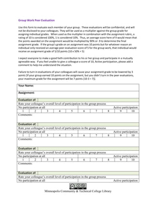 Group Work Peer Evaluation

Use this form to evaluate each member of your group. These evaluations will be confidential, and will
not be disclosed to your colleagues. They will be used as a multiplier against the group grade for
assigning individual grades. When used as the multiplier in combination with the assignment rubric, a
rating of 10 is considered 100%, 1 is considered 10%. Thus, an average score here of 9 would mean that
the points awarded on the assignment would be multiplied by 90% or .9 to determine the final
assignment grade. If the group’s grade on an assignment was 10 points but for whatever reason an
individual only received an average peer evaluation score of 5 for the group work, that individual would
receive an assignment grade of 5/10 points (10 x 50% = 5)

I expect everyone to make a good faith contribution to his or her group and participate in a mutually
agreeable way. If you feel unable to give a colleague a score of 10, Active participation, please add a
comment to help me understand the situation.

Failure to turn in evaluations of your colleagues will cause your assignment grade to be lowered by 3
points [If your group earned 10 points on the assignment, but you didn’t turn in the peer evaluations,
your maximum grade for the assignment will be 7 points (10-3 = 7)].

Your Name:

Assignment:

Evaluation of:
Rate your colleague’s overall level of participation in the group process
No participation at all                                                              Active participation
   1         2          3        4          5          6         7        8               9         10
Comments:


Evaluation of:
Rate your colleague’s overall level of participation in the group process
No participation at all                                                              Active participation
   1         2          3        4          5          6         7        8               9         10
Comments:


Evaluation of:
Rate your colleague’s overall level of participation in the group process
No participation at all                                                              Active participation
   1         2          3        4          5          6         7        8               9         10
Comments:


Evaluation of:
Rate your colleague’s overall level of participation in the group process
No participation at all                                                              Active participation


                       Minneapolis Community & Technical College Library
 