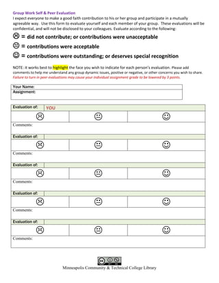 Group Work Self & Peer Evaluation
I expect everyone to make a good faith contribution to his or her group and participate in a mutually
agreeable way. Use this form to evaluate yourself and each member of your group. These evaluations will be
confidential, and will not be disclosed to your colleagues. Evaluate according to the following:

 = did not contribute; or contributions were unacceptable
 = contributions were acceptable
 = contributions were outstanding; or deserves special recognition
NOTE: it works best to highlight the face you wish to indicate for each person’s evaluation. Please add
comments to help me understand any group dynamic issues, positive or negative, or other concerns you wish to share.
Failure to turn in peer evaluations may cause your individual assignment grade to be lowered by 3 points.

Your Name:
Assignment:


Evaluation of:      YOU

                                                                                        
Comments:

Evaluation of:

                                                                                        
Comments:

Evaluation of:

                                                                                        
Comments:

Evaluation of:

                                                                                        
Comments:

Evaluation of:

                                                                                        
Comments:




                              Minneapolis Community & Technical College Library
 