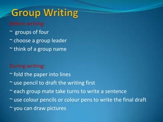 Group Writing Before writing: ~  groups of four ~ choose a group leader ~ think of a group name During writing: ~ fold the paper into lines  ~ use pencil to draft the writing first ~ each group mate take turns to write a sentence ~ use colour pencils or colour pens to write the final draft ~ you can draw pictures 