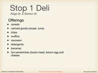 Stop 1 Deli
           Ridge St. & Stanton St.

        Offerings
       •   cereals
       •   canned goods (soups, tuna)
       •   chips
       •   muffins
       •   icecream
       •   detergents
       •   bananas
       •   hot sandwiches (boars head, bacon egg and
           cheese




SCHOOL OF DESIGN STRATEGIES          Parsons The New School for Design   IDp Lab/Co-operative
 