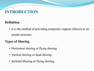 INTRODUCTION
Definition
 It is the method of providing temporary support (shores) to an
unsafe structure.
Types of Shoring
 Horizontal shoring or flying shoring
 Vertical shoring or dead shoring
 Inclined Shoring or flying shoring
 