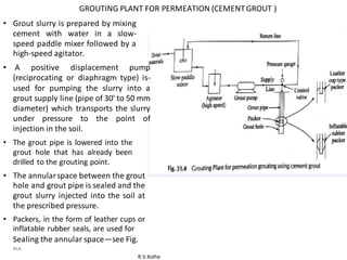 R.V.Kolhe
GROUTING PLANT FOR PERMEATION (CEMENTGROUT )
• Grout slurry is prepared by mixing
cement with water in a slow-
speed paddle mixer followed by a
high-speed agitator.
• A positive displacement pump
(reciprocating or diaphragm type) is-
used for pumping the slurry into a
grout supply line (pipe of 30' to 50 mm
diameter) which transports the slurry
under pressure to the point of
injection in the soil.
• The grout pipe is lowered into the
grout hole that has already been
drilled to the grouting point.
• The annularspace between the grout
hole and grout pipe is sealed and the
grout slurry injected into the soil at
the prescribed pressure.
• Packers, in the form of leather cups or
inflatable rubber seals, are used for
Sealing the annular space—see Fig.
31,4,
 