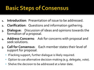 Basic Steps of Consensus<br />Introduction:  Presentation of issue to be addressed.<br />Clarification:   Questions and in...