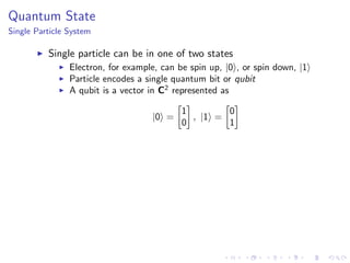 Quantum State
Single Particle System
Single particle can be in one of two states
Electron, for example, can be spin up, |0 , or spin down, |1
Particle encodes a single quantum bit or qubit
A qubit is a vector in C2
represented as
|0 =
1
0
, |1 =
0
1
 