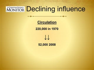 Declining influence
Circulation
220,000 in 1970
↓↓
52,000 2008
 