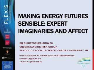 MAKING ENERGY FUTURES
SENSIBLE: EXPERT
IMAGINARIES AND AFFECT
DR CHRISTOPHER GROVES
UNDERSTANDING RISK GROUP
SCHOOL OF SOCIAL SCIENCE, CARDIFF UNIVERSITY, UK
HTTPS://CARDIFF.ACADEMIA.EDU/CHRISTOPHERGROVES
GROVESC1@CF.AC.UK
TWITTER: @ROCHENKO
 