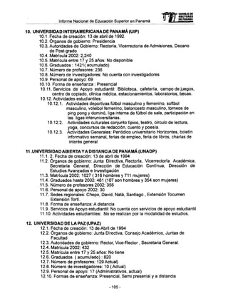 Informe Nacional de Educación Superior en Panamá
10. UNIVERSIDAD INTERAMERICANA DE PANAMÁ (UIP)
10.1. Fecha de creación: 13 de abril de 1992
10.2. Órganos de gobierno: Presidencia
10.3. Autoridades de Gobierno: Rectoría, Vicerrectoria de Admisiones, Decano
de Post-grado
10.4. Matrícula 2002: 2,240
10.5. Matrícula entre 17 y 25 años: No disponible
10.6. Graduados : 1421 ( acumulado)
10.7. Número de profesores: 236
10.8. Número de investigadores: N o cuenta con investigadores
10.9. Personal de apoyo: 69
10.10. Forma de enseñanza : Presencial
10.11. Servicios de Apoyo estudiantil: Biblioteca, cafetería, campo de juegos,
centro de copiado, clínica médica, estacionamientos, laboratorios, becas.
10.12. Actividades estudiantiles:
10.12.1. Actividades deportivas fútbol masculino y femenino, softbol
masculino, voleibol femenino, baloncesto masculino, torneos de
ping pong y dominó, liga interna de fútbol de sala, participación en
las ligas interuniversitarias.
10.12.2. Actividades culturales conjunto típico, teatro, círculo de lectura,
yoga, concursos de redacción, cuento y poesía.
10.12.3. Actividades Generales: Periódico universitario Horizontes, boletín
informativo semanal, ferias de empleo, feria de libros, charlas de
interés general
11 .UNIVERSIDAD ABIERTAYA DISTANCIA DE PANAMÁ (UNADP)
11.1.2. Fecha de creación: 13 de abril de 1994
11.2. Órganos de gobierno: Junta Directiva, Rectoría, Vicerrectoria Académica,
Secretaria General, Dirección de Educación Continua, Dirección de
Estudios Avanzados e Investigación
11.3. Matrícula 2002: 1027 ( 316 hombres y 711 mujeres)
11.4. Graduados hasta 2002: 461 (107 son hombres y 354 son mujeres)
11.5. Número de profesores 2002: 356
11.6. Personal de apoyo 2002: 30
11.7. Sedes regionales: Chepo, David, Nata, Santiago , Extensión Tocumen
Extensión Tortí.
11.8. Forma de enseñanza: A distancia
11.9. Servicios de Apoyo estudiantil: N o cuenta con servicios de apoyo estudiantil
11.10. Actividades estudiantiles: N o se realizan por la modalidad de estudios.
12. UNIVERSIDAD D E L A PAZ(UPAZ)
12.1. Fecha de creación: 13 de Abril de 1994
12.2. Órganos de gobierno: Junta Directiva, Consejo Académico, Juntas de
Facultad
12.3. Autoridades de gobierno: Rector, Vice-Rector, Secretaria General.
12.4. Matrícula 2002: 432
12.5. Matrícula entre 17 y 25 años: N o tiene
12.6. Graduados ( acumulado) : 820
12.7. Número de profesores: 129 Actual)
12.8. Número de investigadores: 10 (Actual)
12.9. Personal de apoyo: 17 (Administrativos, actual)
12.10. Formas de enseñanza: Presencial, Semi presenial y a distancia
mCONSEJO DE
RECTORES
DE PANAMÁ
-105-
 