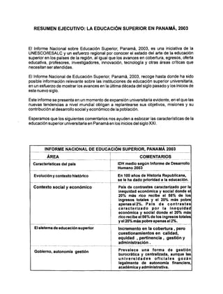 RESUMEN EJECUTIVO: LA EDUCACIÓN SUPERIOR EN PANAMÁ, 2003
El Informe Nacional sobre Educación Superior, Panamá, 2003, es una iniciativa de la
U N E S C O / I E S A L C y un esfuerzo regional por conocer el estado del arte de la educación
superior en los países de la región, al igual que los avances en cobertura, egresos, oferta
educativa, profesores, investigadores, innovación, tecnología y otras áreas críticas que
necesitan ser atendidas.
El Informe Nacional de Educación Superior, Panamá, 2003, recoge hasta donde ha sido
posible información relevante sobre las instituciones de educación superior universitaria,
en un esfuerzo de mostrar los avances en la última década del siglo pasado y los inicios de
este nuevo siglo.
Este informe se presenta en un momento de expansión universitaria evidente, en el que las
nuevas tendencias a nivel mundial obligan a replantearse sus objetivos, misiones y su
contribución al desarrollo social y económico de la población.
Esperamos que los siguientes comentarios nos ayuden a esbozar las características de la
educación superior universitaria en Panamá en los inicios del siglo XXI.
INFORME NACIONAL DE EDUCACIÓN SUPERIOR, PANAMÁ 2003
ÁREA
Características del país
Evolución y contexto histórico
Contexto social y económico
El sistema de educación superior
Gobierno, autonomía gestión
COMENTARIOS
IDH medio según Informe de Desarrollo
Humano 2003
En 100 años de Historia Republicana,
se le ha dado prioridad a la educación.
País de contrastes caracterizado por la
inequidad económica y social donde el
20% más rico recibe el 56% de los
ingresos totales y el 20% más pobre
apenas el 2%. País de contrastes
caracterizado por la inequidad
económica y social donde el 20% más
rico recibe el 56% de los ingresos totales
y el 20% más pobre apenas el 2%.
Incremento en la cobertura , pero
cuestionamientos en calidad,
equidad , pertinencia , gestión y
administración.
Prevalece una forma de gestión
burocrática y centralizada, aunque las
universidades oficiales gozan
legalmente de autonomía financiera,
académica y administrativa.
 