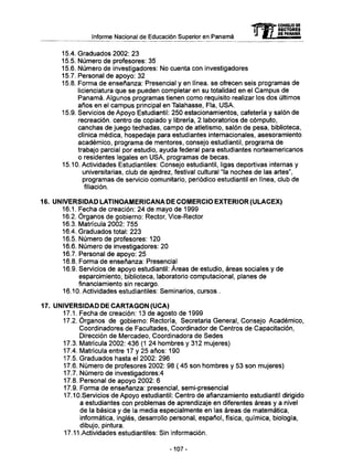 Informe Nacional de Educación Superior en Panamá
15.4. Graduados 2002: 23
15.5. Número de profesores: 35
15.6. Número de investigadores: N o cuenta con investigadores
15.7. Personal de apoyo: 32
15.8. Forma de enseñanza: Presencial y en línea, se ofrecen seis programas de
licienciatura que se pueden completar en su totalidad en el Campus de
Panamá. Algunos programas tienen como requisito realizar los dos últimos
años en el campus principal en Talahasse, Fia, U S A .
15.9. Servicios de Apoyo Estudiantil: 250 estacionamientos, cafetería y salón de
recreación, centro de copiado y librería, 2 laboratorios de cómputo,
canchas de juego techadas, campo de atletismo, salón de pesa, biblioteca,
clínica médica, hospedaje para estudiantes internacionales, asesoramiento
académico, programa de mentores, consejo estudiantil, programa de
trabajo parcial por estudio, ayuda federal para estudiantes norteamericanos
o residentes legales en U S A , programas de becas.
15.10. Actividades Estudiantiles: Consejo estudiantil, ligas deportivas internas y
universitarias, club de ajedrez, festival cultural "la noches de las artes",
programas de servicio comunitario, periódico estudiantil en línea, club de
filiación.
16. UNIVERSIDAD LATINOAMERICANA DE COMERCIO EXTERIOR (ULACEX)
16.1. Fecha de creación: 24 de mayo de 1999
16.2. Órganos de gobierno: Rector, Vice-Rector
16.3. Matrícula 2002: 755
16.4. Graduados total: 223
16.5. Número de profesores: 120
16.6. Número de investigadores: 20
16.7. Personal de apoyo: 25
16.8. Forma de enseñanza: Presencial
16.9. Servicios de apoyo estudiantil: Áreas de estudio, áreas sociales y de
esparcimiento, biblioteca, laboratorio computacional, planes de
financiamiento sin recargo.
16.10. Actividades estudiantiles: Seminarios, cursos .
17. UNIVERSIDAD DE CARTAGON (UCA)
17.1. Fecha de creación: 13 de agosto de 1999
17.2. Órganos de gobierno: Rectoría, Secretaria General, Consejo Académico,
Coordinadores de Facultades, Coordinador de Centros de Capacitación,
Dirección de Mercadeo, Coordinadora de Sedes
17.3. Matrícula 2002: 436 (1 24 hombres y 312 mujeres)
17.4. Matrícula entre 17 y 25 años: 190
17.5. Graduados hasta el 2002: 296
17.6. Número de profesores 2002: 98 ( 45 son hombres y 53 son mujeres)
17.7. Número de investigadores:4
17.8. Personal de apoyo 2002: 6
17.9. Forma de enseñanza: presencial, semi-presencial
17.10.Servicios de Apoyo estudiantil: Centro de afianzamiento estudiantil dirigido
a estudiantes con problemas de aprendizaje en diferentes áreas y a nivel
de la básica y de la media especialmente en las áreas de matemática,
informática, inglés, desarrollo personal, español, física, química, biología,
dibujo, pintura.
17.11.Actividades estudiantiles: Sin información.
-107-
 