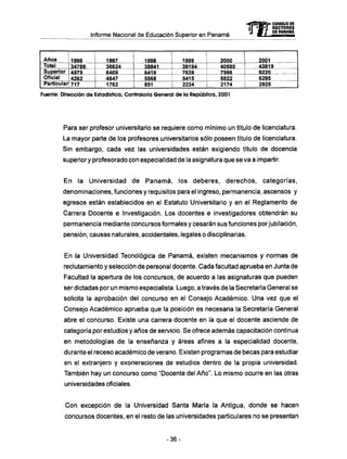 ~ « ^ Ë ^ > CONSEJO DE
J | - B - T RECTORES
Informe Nacional de Educación Superior en Panamá f r ?E P
Años
Total
Superior
Oficial
Particular
1996
34788
4979
4262
717
1997
36624
6409
4647
1762
1998
38841
R419
5568
851
1999
39194
7639
5415
2224
2000
40580
7996
5822
2174
2001
43819
9220
6295
2925
Fuente: Dirección de Estadística, Contraloría General de la República, 2001
Para ser profesor universitario se requiere como mínimo un título de licenciatura.
La mayor parte de los profesores universitarios sólo poseen título de licenciatura.
Sin embargo, cada vez las universidades están exigiendo título de docencia
superior y profesorado con especialidad de la asignatura que se va a impartir.
En la Universidad de P a n a m á , los deberes, derechos, categorías,
denominaciones, funciones y requisitos para el ingreso, permanencia, ascensos y
egresos están establecidos en el Estatuto Universitario y en el Reglamento de
Carrera Docente e Investigación. Los docentes e investigadores obtendrán su
permanencia mediante concursos formales y cesarán sus funciones porjubilación,
pensión, causas naturales, accidentales, legales o disciplinarias.
En la Universidad Tecnológica de Panamá, existen mecanismos y normas de
reclutamiento y selección de personal docente. Cada facultad aprueba en Junta de
Facultad la apertura de los concursos, de acuerdo a las asignaturas que pueden
ser dictadas por un mismo especialista. Luego, a través de la Secretaría General se
solicita la aprobación del concurso en el Consejo Académico. Una vez que el
Consejo Académico aprueba que la posición es necesaria la Secretaría General
abre el concurso. Existe una carrera docente en la que el docente asciende de
categoría por estudios y años de servicio. Se ofrece además capacitación continua
en metodologías de la enseñanza y áreas afines a la especialidad docente,
durante el receso académico de verano. Existen programas de becas para estudiar
en el extranjero y exoneraciones de estudios dentro de la propia universidad.
También hay un concurso como "Docente del Año". Lo mismo ocurre en las otras
universidades oficiales.
Con excepción de la Universidad Santa María la Antigua, donde se hacen
concursos docentes, en el resto de las universidades particulares no se presentan
- 3 6 -
 