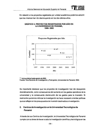 Informe Nacional de Educación Superior en Panamá
En relación a los proyectos registrados por unidad académica podemos advertir
que ios mismos han ido disminuyendo en los dos últimos años.
GRÁFICO 3. PROYECTOS REGISTRADOS POR AÑO EN
LA UNIVERSIDAD DE PANAMÁ,
1998-2002
Proyectos Registrados por Año
200
150 •-f*7
• 133
• 112
100
n^
• 89
+ 72 **
50
0 H 1 1 1 1 1 —
1997 1998 1999 2000 2001 2002 2003
Año
** Incluye datos hasta agosto de 2002.
Fuente: Vice-Rectoría de Investigación y Post-grado, Universidad de Panamá, 2002.
Es importante destacar que los proyectos de investigación han ido decayendo
dramáticamente, como consecuencia del aumento en los gastos operativos de la
universidad y la consecuente disminución de los gastos para la inversión. Si
realmente queremos reforzar la investigación se hace necesario orientar políticas
que se reflejen en los presupuestos de inversión destinados a investigación.
2. Centros de Investigación en la Universidad Tecnológica de
Panamá
A través de sus Centros de Investigación, la Universidad Tecnológica de Panamá
cumple con su tarea de llevar a cabo la investigación científica y tecnológica en las
-64-
mCONSEJO DE
RECTORES
DE PANAMA
•a
o
 