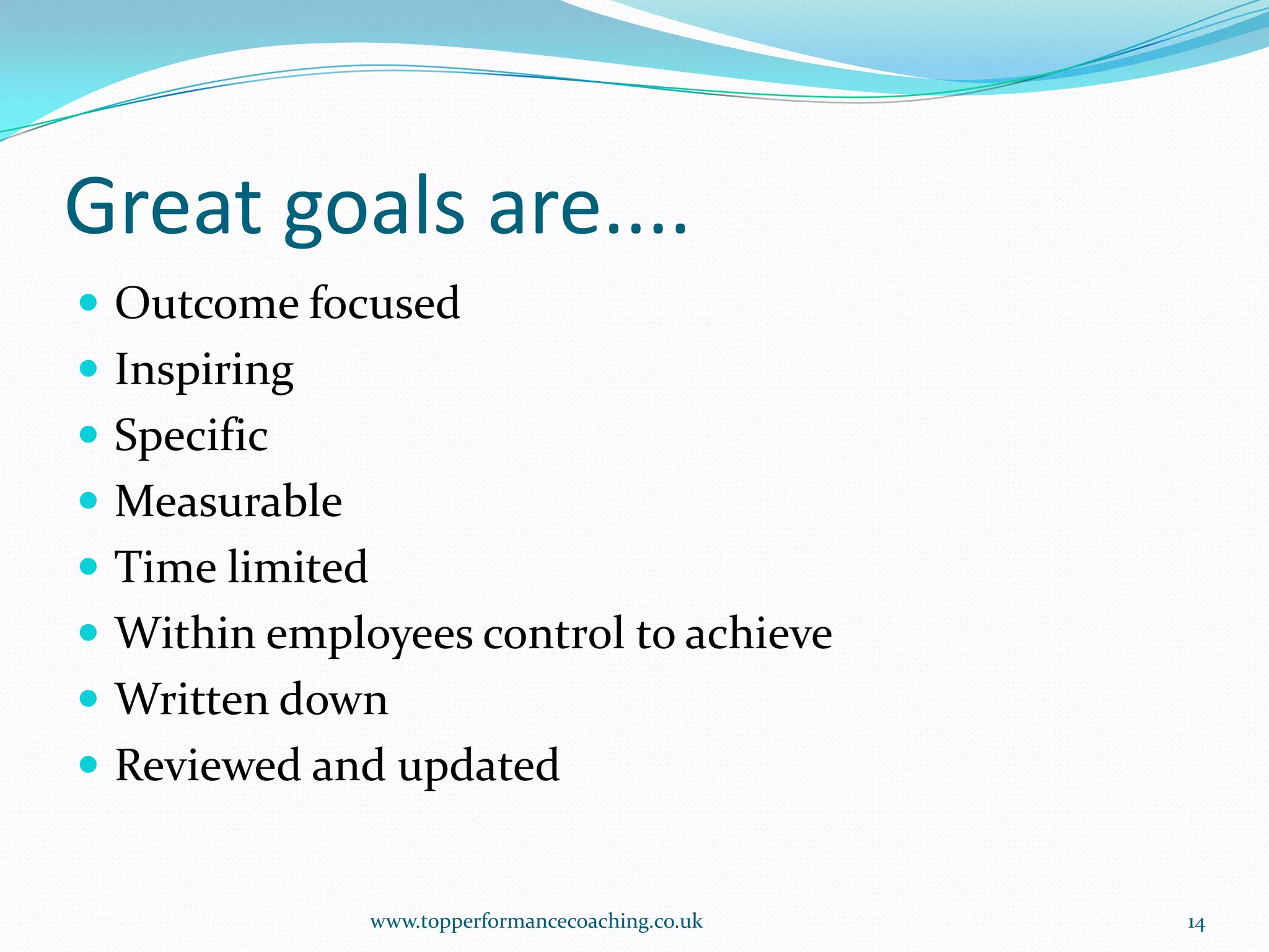 Great goals are....Outcome focusedInspiringSpecificMeasurableTime limitedWithin employees control to achieveWritten downReviewed and updatedwww.topperformancecoaching.co.uk14