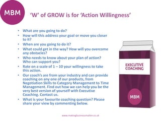 ‘W’ of GROW is for ‘Action Willingness’
• What are you going to do?
• How will this address your goal or move you closer
to it?
• When are you going to do it?
• What could get in the way? How will you overcome
any obstacles?
• Who needs to know about your plan of action?
Who can support you?
• Rate on a scale of 1 – 10 your willingness to take
this action.
• Our coach’s are from your industry and can provide
coaching on any one of our products, from
Negotiation Skills to Category Management to Time
Management. Find out how we can help you be the
very best version of yourself with Executive
Coaching. Contact us.
• What is your favourite coaching question? Please
share your view by commenting below.
www.makingbusinessmatter.co.uk
 