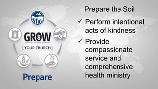 Perform intentional
acts of kindness
 Provide
compassionate
service and
comprehensive
health ministry
Prepare the Soil
 