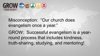 Misconception: “Our church does
evangelism once a year.”
GROW: Successful evangelism is a year-
round process that includes kindness,
truth-sharing, studying, and mentoring!
 