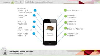 Mobile Leverage & Use Cases

Prepared By

Account
Summary &
Transactions

ATM Locator

Transfer
Funds

Branch
Locator

Utility
Payments

Service
Request

Loan
Applications

News & Alerts

View Card
Details

Royal Cyber- Mobile Solutions
Grow Business with Mobile

Banking
& Finance

Promotion
Offers

 