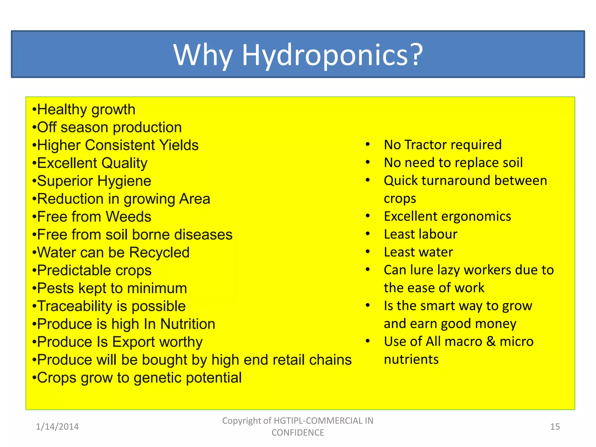 Why Hydroponics?
•Healthy growth
•Off season production
•Higher Consistent Yields
•Excellent Quality
•Superior Hygiene
•Reduction in growing Area
•Free from Weeds
•Free from soil borne diseases
•Water can be Recycled
•Predictable crops
•Pests kept to minimum
•Traceability is possible
•Produce is high In Nutrition
•Produce Is Export worthy
•Produce will be bought by high end retail chains
•Crops grow to genetic potential
1/14/2014

• No Tractor required
• No need to replace soil
• Quick turnaround between
crops
• Excellent ergonomics
• Least labour
• Least water
• Can lure lazy workers due to
the ease of work
• Is the smart way to grow
and earn good money
• Use of All macro & micro
nutrients

Copyright of HGTIPL-COMMERCIAL IN
CONFIDENCE

15

 