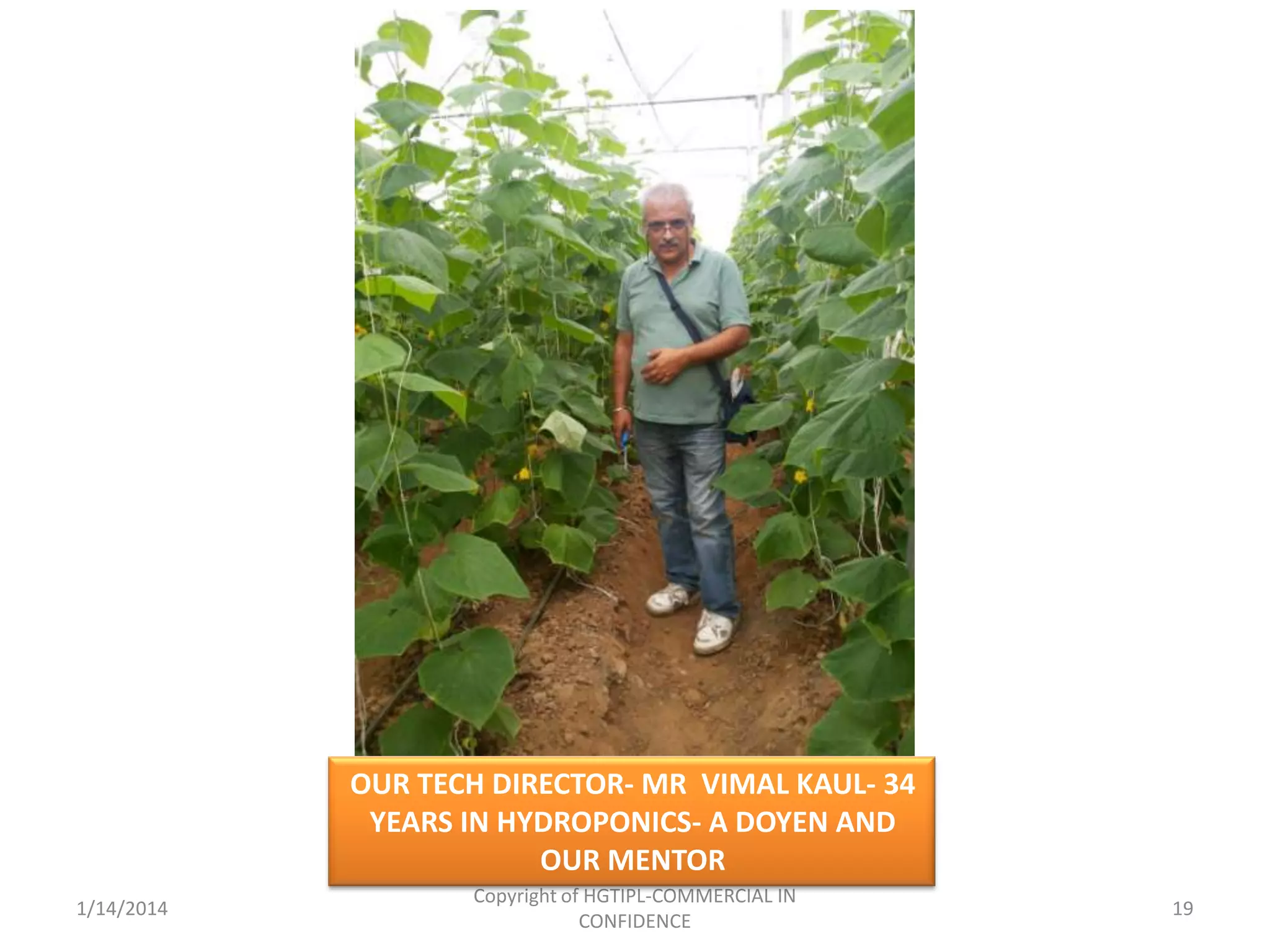 OUR TECH DIRECTOR- MR VIMAL KAUL- 34
YEARS IN HYDROPONICS- A DOYEN AND
OUR MENTOR
1/14/2014

Copyright of HGTIPL-COMMERCIAL IN
CONFIDENCE

19

 
