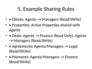 5. Example Sharing Rules
• • Clients: Agents → Managers (Read/Write)
• • Properties: Active Properties shared with
Agents
• • Deals: Agents → Finance (Read Only), Agents
→ Managers (Read/Write)
• • Agreements: Agents/Managers → Legal
(Read/Write)
• • Payments: Agents/Managers → Finance
(Read/Write)
 