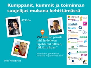 Kumppanit, kummit ja toiminnan 
suojelijat mukana kehittämässä	

	

Alf Rehn	

” on parasta
mitä lukiolle on
tapahtunut pitkään,
pitkään aikaan.”
Pääministeri Jyrki Katainen
Innolukion avajaisissa 16.8.2012
PeterVesterbacka	

 