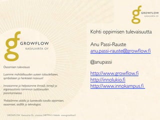 GROWFLOW Kasvuvirta Oy y-tunnus 2487994-5 Helsinki www.growﬂow.ﬁ	

Osaamisen tulevaisuus
Luomme mahdollisuuden uuteen taloudelliseen,
symboliseen ja henkiseen kasvuun!
Innostamme ja helpotamme ihmisiä, tiimejä ja
organisaatioita toiminnan tuottavuuden
parantamisessa.
Yhdistämme aidolla ja luontevalla tavalla oppimisen,
osaamiset, sisällöt ja teknologiat.
	
  
Kohti oppimisen tulevaisuutta
Anu Passi-Rauste
anu.passi-rauste@growﬂow.ﬁ
@anupassi
http://www.growﬂow.ﬁ
http://innolukio.ﬁ
http://www.innokampus.ﬁ 
 