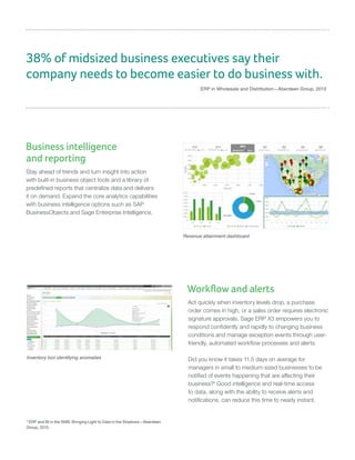 Business intelligence
and reporting
Stay ahead of trends and turn insight into action
with built-in business object tools and a library of
predefined reports that centralize data and delivers
it on demand. Expand the core analytics capabilities
with business intelligence options such as SAP
BusinessObjects and Sage Enterprise Intelligence.
Workflow and alerts
Act quickly when inventory levels drop, a purchase
order comes in high, or a sales order requires electronic
signature approvals. Sage ERP X3 empowers you to
respond confidently and rapidly to changing business
conditions and manage exception events through user-
friendly, automated workflow processes and alerts.
Did you know it takes 11.5 days on average for
managers in small to medium-sized businesses to be
notified of events happening that are affecting their
business?4
Good intelligence and real-time access
to data, along with the ability to receive alerts and
notifications, can reduce this time to nearly instant.
Revenue attainment dashboard
Inventory tool identifying anomalies
38% of midsized business executives say their
company needs to become easier to do business with.
ERP in Wholesale and Distribution—Aberdeen Group, 2013
3
ERP and BI in the SMB: Bringing Light to Data in the Shadows—Aberdeen
Group, 2013.
 