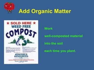 Add Organic Matter
Work
well-composted material
into the soil
each time you plant.
 