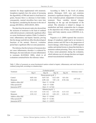 704
Semina: Ciências Agrárias, Londrina, v. 39, n. 2, p. 697-710, mar./abr. 2018
Neumann, M. et al.
nutrients for sheep supplemented with monensin.
Ionophores regularly have the action of increasing
the digestibility of DM and starch in food based on
grains, because there is a decrease in food intake;
consequently, ruminal microflora have more time
for digestion, considering the decrease in the rate of
passage (RUSSELL; HOULIHAN, 2003).
The data from the present study also showed that
the inclusion of monensin in the feed of confined
cattle did not present a statistically significant effect
on serum biochemical markers (Table 5) related to
renal, inflammatory and hepatic function, proving
that the dosage used did not affect the physiological
functions of the animals. However, evaluation
period had a significant effect on some parameters.
The inference that the inclusion of monensin does
not cause inflammatory disorders is evidenced by
fibrinogen, the main indicator of acute inflammation
in ruminants (KANEKO, 2008), which in all
evaluations remained below the reference values.
According to Table 5, the levels of plasma
protein, fibrinogen, GGT, urea and creatinine
presented a significant change (P < 0.05) according
to the evaluation period, independent of monensin
treatment. These variables showed changes
depending on the age and development of the
animal. This alteration is related to changes in
metabolism and body composition due to changes
in the deposition rate of bone, muscle and adipose
tissue until body maturity occurs (OWENS et al.,
1993).
Nogueira et al. (2009) reported that excessive
dosage of ionophores might lead to an increase in
plasma creatine and AST due to the progression of
muscle damage, while França et al. (2009) reported
cardiac and skeletal lesions in sheep that died due to
monensin sodium poisoning. There was no increase
in these serum parameters during the evaluation,
which indicates use of a dosage that does not impair
animal musculoskeletal metabolism.
Table 5. Effect of monensin on serum biochemical markers related to hepatic, inflammatory and renal function of
confined young bulls, according to evaluation days.
Treatment
Evaluation period
Reference value1
Day 0 Day 28 Day 56 Day 84
Plasma protein (g dL−1
)
Control 8.05 ± 0.6 6.87 ± 0.5 8.12 ± 0.9 8.8 ± 0.6
6.97–8.85
Monensin 8.18 ± 0.6 6.99 ± 0.4 7.87 ± 1.0 8.74 ± 0.6
Additive effect (M)2
Prob > F = 0.5190
Effect period (P)2
Prob > F = 0.003
Interaction M*P2
Prob > F = 0.7342
Albumin (mg dL−1
)
Control 4.51 ± 0.4 4.34 ± 0.2 4.19 ± 0.6 4.15 ± 0.3
2.82–3.55
Monensin 4.58 ± 0.3 4.48 ± 0.2 4.28 ± 0.5 4.24 ± 0.1
Additive effect (M)2
Prob > F = 0.3641
Effect period (P)2
Prob > F = 0.1061
Interaction M*P2
Prob > F = 0.9875
continue
 