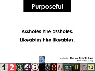 Purposeful Assholes hire assholes. Likeables hire likeables. inspiration:  The No Asshole Rule (Bob Sutton, 2007) 