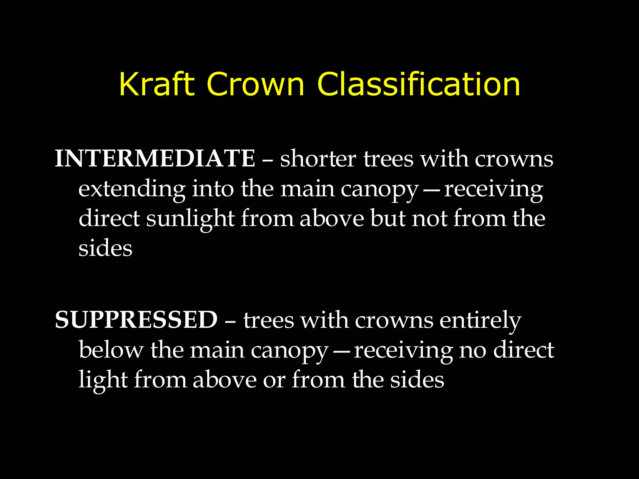 Kraft Crown Classification INTERMEDIATE  – shorter trees with crowns  extending into the main canopy—receiving direct sunlight from above but not from the sides SUPPRESSED  – trees with crowns entirely below the main canopy—receiving no direct light from above or from the sides 