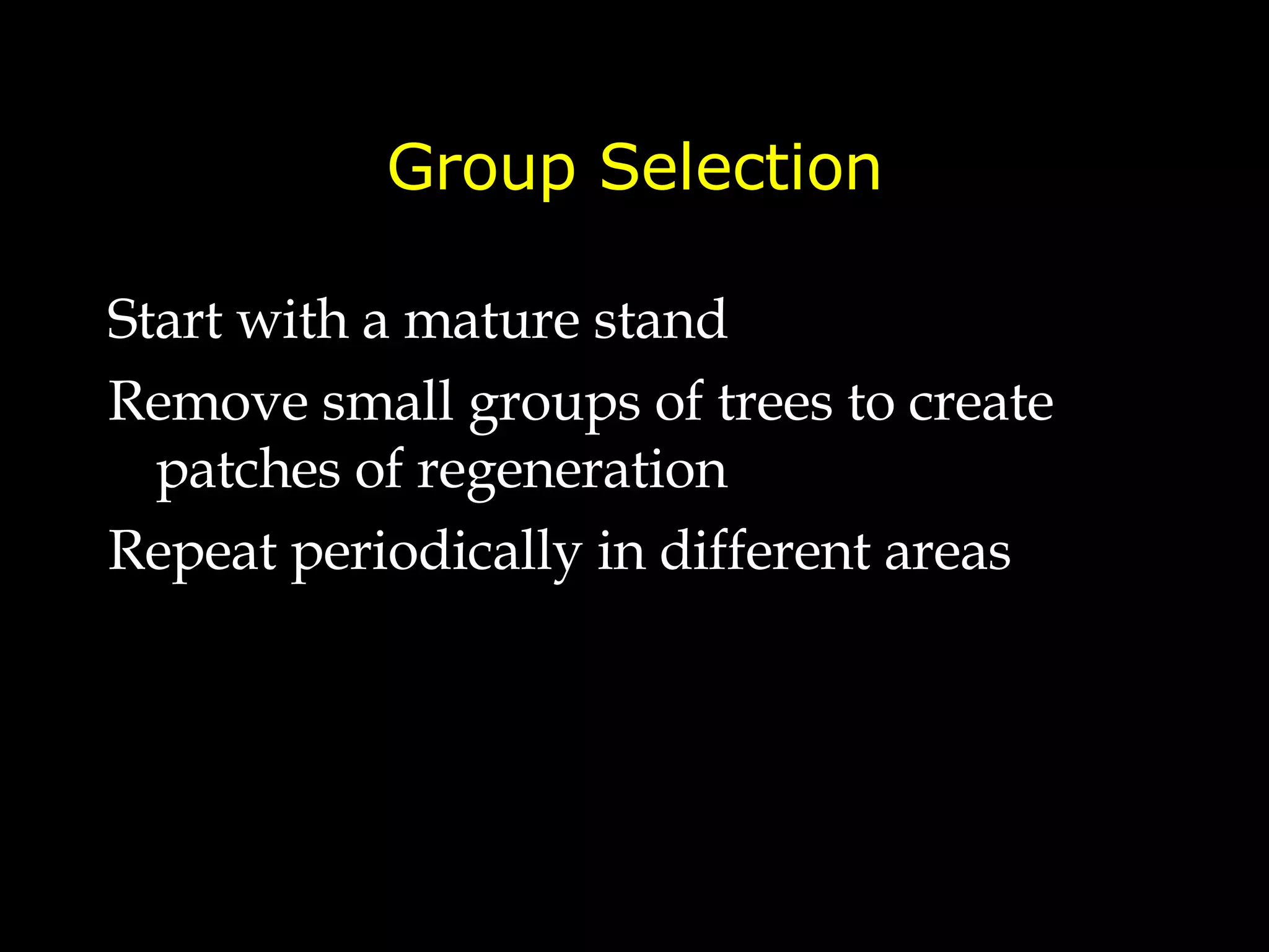 Group Selection Start with a mature stand Remove small groups of trees to create patches of regeneration Repeat periodically in different areas 