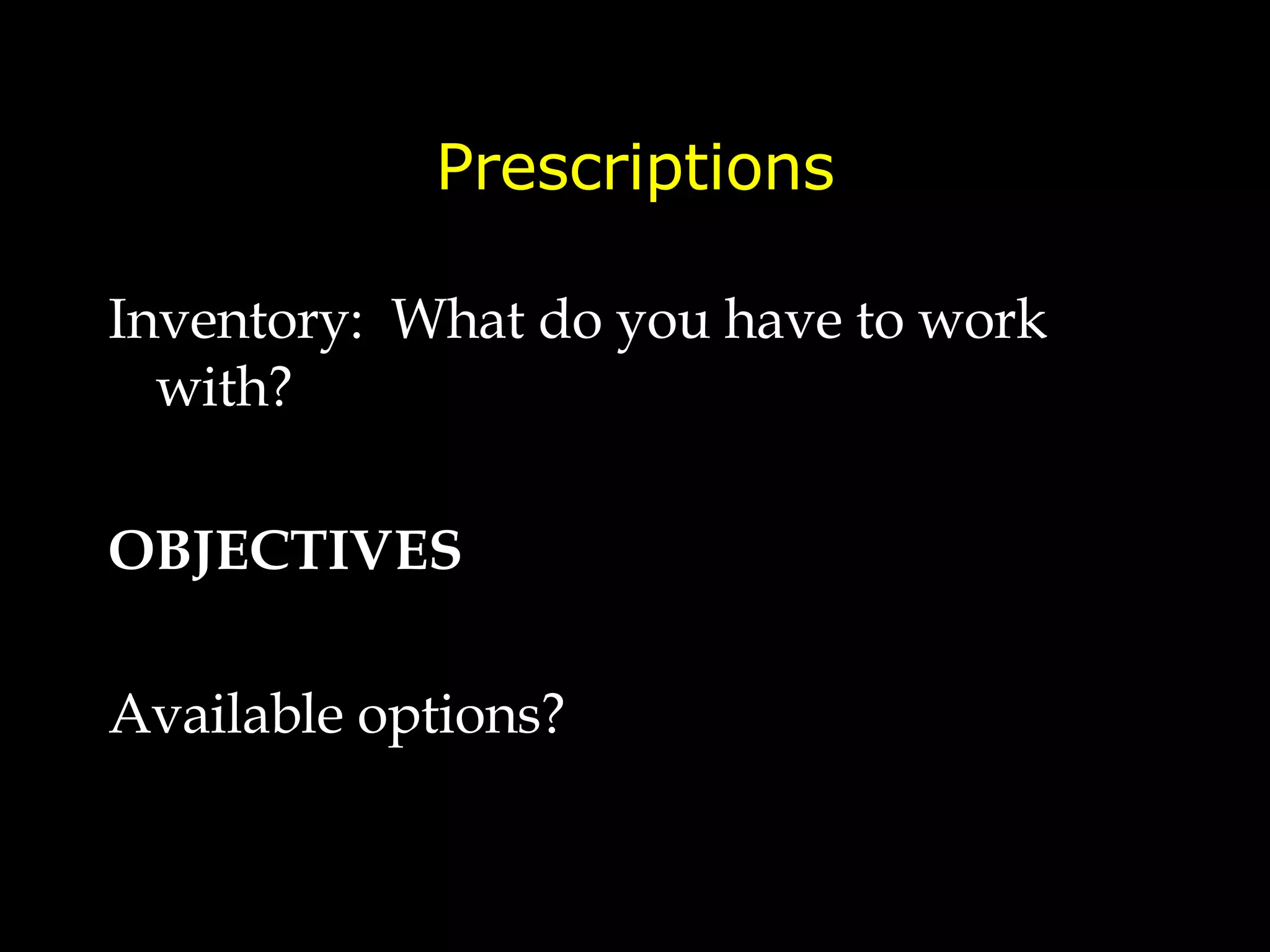 Prescriptions Inventory:  What do you have to work with? OBJECTIVES Available options? 