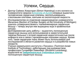 Успехи, Сердце. Доктор Саймон Хоерстрап (Simon Hoerstrup) и его коллеги из университета Цюриха ( University   of   Zurich ) впервые вырастили человеческие сердечные клапаны, воспользовавшись стволовыми клетками, взятыми из околоплодной жидкости.  Исследователям из отделения кардиохирургии университета Мичигана (Section of Cardiac Surgery at the University of Michigan) удалось усовершенствовать тканеинженерную сердечную мышцу – теперь внутри нее выращены еще и кровеносные сосуды. Долговременная цель работы – вырастить полноценную сердечную мышцу для использования в заместительной терапии больных с острой сердечной недостаточностью после инфаркта или в связи с врожденными пороками сердца. Кроме того, такая сердечная ткань может быть использована для исследований в области развития сердца и в разработке новых лекарств. Ученые израильского института «Технион» (Technion-Israel Institute of Technology), работающие под руководством профессора Суламифи Левенберг (Shulamit Levenberg), вырастили из  эмбриональных стволовых клеток  полноценную сердечную мышцу.  