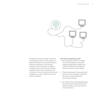 How AdWords works   5




As well as showing to people searching      How do we match your ads?
on Google, your ads can also appear on      1. By scanning the millions of pages
relevant websites in the content network.      on the web, Google's contextual
When you advertise on the content              targeting technology analyses the
network, a diverse network of millions         content of different web pages to
of websites, your ads are shown beside         determine what the site is about.
website content that is relevant to your
customers. You can choose sites you want    2. Then, by looking at the keywords and
to appear on or let us match your ads to       ad text in your campaign, we identify
relevant websites.                             the main concept behind your
                                               advertising message.

                                            3. Our system then automatically places
                                               the most relevant ads with the most
                                               relevant pages, so your ads show to
                                               interested users.
 