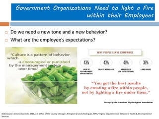 Government Organizations Need to light a Fire within their Employees 
Do we need a new tone and a new behavior? 
What are the employee’s expectations? 
. 
Slide Source: Antonio Acevedo, MBA, J.D. Office of the County Manager, Arlington & Cecily Rodriguez, MPA, Virginia Department of Behavioral Health & Developmental Services  