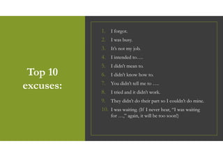 Top 10
excuses:
1. I forgot.
2. I was busy.
3. It’s not my job.
4. I intended to….
5. I didn’t mean to.
6. I didn’t know how to.
7. You didn’t tell me to ….
8. I tried and it didn’t work.
9. They didn’t do their part so I couldn’t do mine.
10. I was waiting. (If I never hear, “I was waiting
for …,” again, it will be too soon!)
 