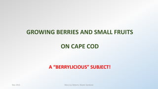 GROWING BERRIES AND SMALL FRUITS
ON CAPE COD
A “BERRYLICIOUS” SUBJECT!

Nov. 2013

Mary Lou Roberts, Master Gardener

 
