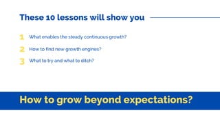 How to grow beyond expectations?
These 10 lessons will show you
What enables the steady continuous growth?
How to find new growth engines?
What to try and what to ditch?
1
2
3
 