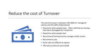 Reduce the cost of Turnover
The cost of turnover is between 100-300% of managerial
salaries and 50-120% of Operational
• Downtime when people leave. Often staff that are leaving
have been disengaged for a long time
• Downtime when people start
• Recruitment/Training time by manager and/or trainer
• Recruitment costs
• Some roles are difficult to replace
• 70k salary could cost up to $210k
 