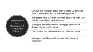 Performance
and
Development
Framework
Efficacy
Surveys and research prove staff want to understand
their contribution and be acknowledged for it
Businesses who establish business goals and align staff
to this, have higher performance
Managers need these tools to engage people and
deliver higher performance
The process has to be continuous to be successful
Managers need help and support to implement
effectively
 