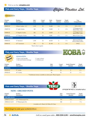 Visit us on-line: amaplas.com

 Pots and Carry Trays / Shuttle Trays                                                         Clifton Plastics Ltd.
 Round Pots


Product             Product                           Qty/           Cases/          Bulk            Diameter         Depth               Tray
Code                Description                       Case            Skid           Qty.            (Inches)        (Inches)          Compatibility
Azalea
038003-02           110mm Azalea - 4 ¼"               1,125            32            31,800            4⅜              3⅞                VF11, VF15
                                                                                                                                      VF Staggered 6x6
038007-02           6” Light Azalea                    368             24            10,400             6              4⅜
                                                                                                                                      BM S6 Side x Side
                                                                                                                                      VF Staggered 6x6
038008-02           6” Regular Azalea                  464             24           14,820              6              4 2/3
                                                                                                                                      BM S6 Side x Side
038009-02           6.5” Regular Azalea                324             24            8,000             6½              4¾            BM 6.5 Carry Tray
Standard
                                                                                                                                      BM 4x10, BM 4x6,
038002-02           4” Standard                       1,350            24            40,320             4              3½
                                                                                                                                     FPF14, FPS14, FPS15
038004-02           4.5” Geranium                      952             24           28, 560             4              4⅛                  FPS12
                                                   *Stock colour is green




 Pots and Carry Trays / Shuttle Trays

        at          Azalea Pots
     Gre e!         •	 Heavy and durable	                •	 Large volume
         u
     Val            •	 Side and bottom drainage	         •	 Premium pot


Product             Product                                                           Qty/                  Cases/      Inside Diameter         Depth
Code                Description                                                       Case                   Skid           (Inches)           (Inches)
Azalea
093022-02           8” Azalea                                                          206                   24                 8                  6¼
093026-02           10” Azalea                                                          36                   50                 10                 7½
                                             **Additional colours available on select pots. Please inquire.




 Pots and Carry Trays / Shuttle Trays

            NEW - Orchid Pots
Product             Product                                                                                  Qty/        Inside Diameter        Depth
Code                Description                                                                              Case            (Inches)          (Inches)
Orchid Pots
129020-01, 04, 05   4.75” Phalaenopsis Pot                                                                    576               4¾                 4¼
129024-01, 04, 05   6” Phalaenopsis Pot                                                                       840               6                  5¼
                                                      Available in 01: Black, 04: White, 05: Clear



 Don't forget to order your orchid fertilizer.


36                                                            Call or e-mail your order... 800-338-1136 • ama@amaplas.com
 