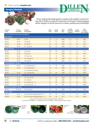 Visit us on-line: amaplas.com

 Hanging Baskets



                                                      Prime, high-grade polypropylene coupled with multiple-cavity tool-
                                                     ing allows Dillen to enjoy the reputation of being the leading hanging
                                                     basket supplier in North America in volume, quality and availability.


                                                                                                                Inside                         Dry
Product        Colours          Product                                     Qty/       Cases/       Bulk                         Depth
                                                                                                               Diameter                      Volume
Code          Available         Description                                 Case        Skid        Qty.                        (Inches)
                                                                                                               (Inches)                    (Cu. Inches)
Saucerless Hanging Baskets
ESL Style
057120-         02, 04          8” ESL                                       50          75         4,900            7 7/16      5 9/16       186.1
057122-         02, 04          10” ESL #1                                   50          50         3,200            9¼           5⅝          300.3
057124-         02, 04          10” ESL #2                                   50          50         3,200            9 1/16       6⅛          325.7
057125-         02, 04          10” Tuscan SL                                100         40         4,800            9   1/16     5¾          293.4
Euro Style
057127-         02, 04          6” Euro SL                                   100         60         7,420            5⅞           4¼           91.5
057129-         02, 04          8” Euro SL                                   50          75         4,900            7 7/16      5 9/16       186.1
057131-         02, 04          10” Euro 2 SL                                50          50         3,200                9        6⅛          321.1
057132-         02, 04          10” Cascade SL                               100         40         4,800            9   1/16     6⅛          309.5
057133-         02, 04          12” Euro SL                                  50          32         2,080        11      1/16     7¼          561.4
Traditional Style
057136-         02, 04          10” Traditional SL T                         50          50         3,200            9 7/16      5 13/16      323.4
057135-         02, 04          10” Traditional SL                           50          36         2,400             10           7          378.8
057139-                         10" Traditional SL Matte                     50                     3,200            9⅜           6½          346.5
057137-         02, 04          12” Traditional SL                           50          28         1,800             11          7⅛          518.7
Colour Basket Style
057142-         03, 35          10” Color SL #2                              50          50         3,200            9⅜           6⅛          366.1
057145-         03, 35          12” Color SL                                 25          48         1,800        11 ½             7¼          536.4
057146-         03, 35          12” Cordova SL - S                           25          48         1,500             12          8½          735.9
057147-         03, 35          14” Cordova SL - S                           22          36          900              14          10         1220.5
Roman Basket Style
057151-       02, 03, 35        10” Roman SL                                 50          50         3,200            9¼           6⅛          328.0
Plug Pot
057148-         02, 04          10” SL 6 Hole Hanging Plug Pot - S           50          50         N/A                  9        5⅝          266.0
057149-         02, 04          10” SL 12 Hole Hanging Plug Pot - S          50          44         N/A                  9        5⅝          266.0
                                         Colour Code: 02: Green, 03: Terracotta, 04: White, 35: Mocha
                           S - Seasonal Availability • Additional colours available on select baskets. Please inquire.



                           Saucerless                                                                  Traditional
                           Hanging                                                                     Style
                           Baskets


                                        Euro                                                                      Colour
                                        Style                                                                 Basket Style




38                                                      Call or e-mail your order... 800-338-1136 • ama@amaplas.com
 