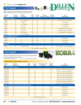 Visit us on-line: amaplas.com

  Plant Support
Dillen’s range of plant support systems are designed to aid in
healthy, upright growth of a wide range of top-heavy plants.

 Product             Colours        Product                  Qty/         Cases/        Outside            Height                 Pot
 Code               Available       Description              Case          Skid     Diameter (Inches)     (Inches)             Compatibility
 Support Cages
 057461-                 02         4.5” Geranium            250            60               5½             3¾          4.5” Ger TW, 4.5” Ger TW TL
 057463-                 02         6” Azalea                 60            36               7½             4¾                 6” Azalea TW
 057465-                 02         6 1/2” Azalea             60            36                8             4¾                6 ½” Azalea TW
 057467-                 02         7” Azalea                 40            30               8½             5½                 7” Azalea TW
 057469-                 02         8” #1 Tall                40            50                10               7         8” Hang Point, 8” Std Stock
 057471-                 02         8” #2 Short              100            20                10               5       8” SL Hang Point, 8” Std Stock
 057473-                 02         10” Poinsettia            60            32               11 ½              6      10” SL Hang Point, 10” Std Stock
 057474-                 02         10” Colour Pot #3         60            32
 Mum Support Rings
 057476-                 02         7”                       360            66                7            N/A                  Any pot size
 057478-                 02         9”                       240            48                9            N/A                  Any pot size
 057480-                 02         12”                      220            36                12           N/A                  Any pot size
 Trellis
 057505-                 01         T 1 Gallon Trellis        64            32               5⅛                17    T 1 Gal TW TL, T 1 Gal Squat TW TL
                                                             Colour Code: 01: Black, 02: Green


  Plant Support
Koba’s Plant Support rings protect your stems & bracts from breakage.
NEW Stake Style Plant Support Rings
•	 Adjust to plant height	      •	 Use 2 or 4 bamboo stakes with it

  Don't forget to order bamboo - page 62
 Product           Product                           Qty/          Cases/        Outside Diameter        Height                   Pot
 Code              Description                       Case           Skid             (Inches)           (Inches)               Compatibility
 Plant Support Rings
 093074-02         4”                                1,000                              4                 2⅜         Most 3 ½-4” azalea & standard pots
 093076-02         6”                                1,200           30                 6                 3⅜          Most 5-6” azalea & standard pots
 093077-02         7”                                1,250           24                 7                 3¾          Most 6-7” azalea & standard pots
 093078-02         8”                                1,100           24                 8                 4¼          Most 7-8” azalea & standard pots
 093079-02         9”                                500             50                 9                 4⅝          Most 8-9” azalea & standard pots
 093080-02         10”                               500             50                 10                5¼          Most 8-9” azalea & standard pots
 093082-02         12”                               450             24                 12                 7         Most 9-10” azalea & standard pots
 093084-02         14”                               400             27                 14                 9         Most 10-12” azalea & standard pots
 NEW - Stake Style Plant Support Rings
 093064-02         8”                                325             72                 8                N/A                   Any pot size
 093066-02         10”                               650             36                 10               N/A                   Any pot size
 093068-02         12”                               650             27                 12               N/A                   Any pot size
 093070-02         14”                               650             18                 14               N/A                   Any pot size
 093072-02         16”                               650             12                 16               N/A                   Any pot size
                                                                   All available in 02: Green



60                                                           Call or e-mail your order... 800-338-1136 • ama@amaplas.com
 