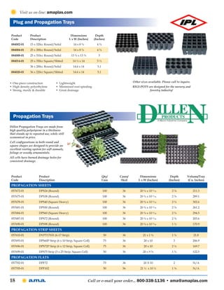 Visit us on-line: amaplas.com

  Plug and Propagation Trays

 Product        Product                         Dimensions          Depth
 Code           Description                    L x W (Inches)      (Inches)
 084002-01      15 x 320cc Round/Solid            14 x 8 ¾           4¾
 084004-01      25 x 200cc Round/Solid            14 x 8 ¾           4¾
 084008-01      25 x 310cc Round/Solid          13 ¾ x 13 ¾           5
 084014-01      25 x 350cc Square/Slitted        14 ½ x 14           5½
                36 x 200cc Round/Solid            14.6 x 14          5.1
 084020-01      36 x 220cc Square/Slitted         14.6 x 14          5.1


•	 One-piece construction	           •	 Lightweight                                        Other sizes available. Please call to inquire.
•	 High density polyethylene	        •	 Minimized root spiraling                           RIGI-POTS are designed for the nursery and
•	 Strong, sturdy & durable	         •	 Great drainage                                                forestry industry!




  Propagation Trays
Dillen Propagation Trays are made from
high quality polystyrene in a thickness
that stands up to repeated use, while still
economical in price.
Cell configurations in both round and
square shapes are designed to provide an
excellent rooting system for soft annuals,
foliage or woody ornamentals.
All cells have burned drainage holes for
consistent drainage.




 Product               Product                                             Qty/   Cases/        Dimensions              Depth         Volume/Tray
 Code                  Description                                         Case    Skid        L x W (Inches)          (Inches)       (Cu. Inches)
 Propagation Sheets
 057672-01             DPS24 (Round)                                       100     36           20 ¾ x 10 5/16            2⅜                211.3
 057675-01             DPS38 (Round)                                       100     36           20 ¾ x 10 5/16            2⅜                289.1
 057678-01             DPS40 (Square Heavy)                                100     36           20 ¾ x 10 5/16            2¾                302.6
 057681-01             DPS50 (Round)                                       100     36           20 ¾ x 10    5/16         2⅜                261.2
 057684-01             DPS60 (Square Heavy)                                100     36           20 ¾ x 10    5/16         2¾                294.5
 057687-01             DPS72 (Round)                                       100     36           20 ¾ x 10 5/16            2⅜                203.6
 057690-01             DPS98 (Round)                                       100     36           20 ¾ x 10 5/16            1½                170.9
 Propagation Strip Sheets
 057610-01             DVPT17HX (6-17 Strip)                                50     36              21 x 1 ¾               1¾                21.8
 057693-01             DPS60P Strip (6 x 10 Strip, Square Cell)             75     36              20 x 10                 3                206.9
 057696-01             DPS72P Strip (6 x 12 Strip, Square Cell)             75     36              20 x 10                2⅛                169.7
 057699-01             DPS75 Strip (3 x 25 Strip, Square Cell)              50     36              20 x 9 ⅜               1¾                122.5
 Propagation Flats
 057702-01             DPF72                                                75     36              20 X 10                 2                N/A
 057705-01             DPF102                                               50     56           21 ½ x 10 ½               1⅜                N/A



18                                                            Call or e-mail your order... 800-338-1136 • ama@amaplas.com
 